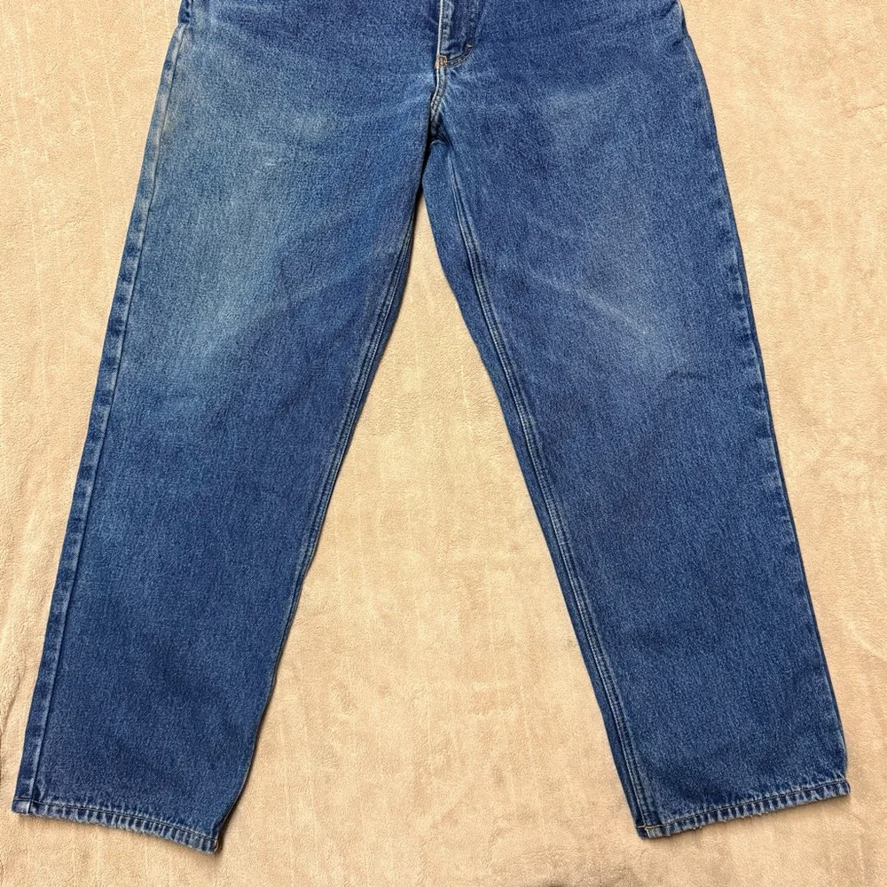 Men's Eddie Bauer Straight Jeans 38x32 Blue with Red Plaid Lining